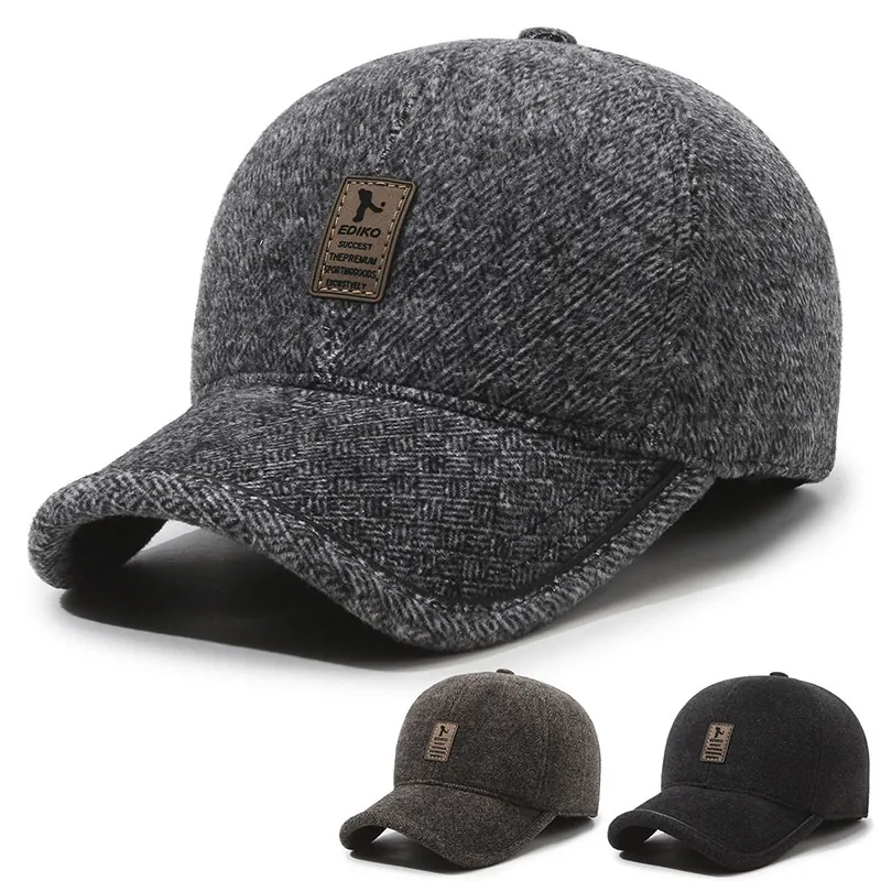 Men Winter Baseball Cap With Earflaps Wool Blend Warm Windproof Herringbone Adjustable Thickened Peaked Hat