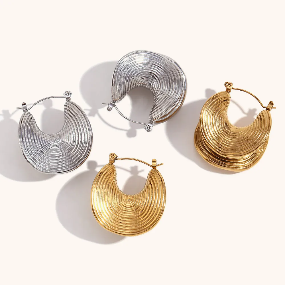 Chunky Hoop Earrings 316L Stainless Steel 18K Gold Plated Spiral Texture Threaded C Shaped Vintage Minimalist Women