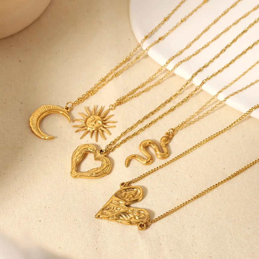 Sun Moon Heart Snake Pendant Necklace 18K Gold Plated Stainless Steel Non Fading Retro Bohemian Jewelry For Women