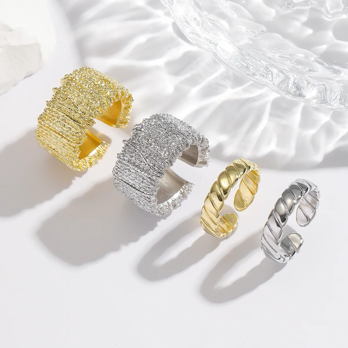 Adjustable Open Rings Hammered Texture Twisted Rope Design Minimalist Copper Jewelry For Women Men Gold Silver Plated