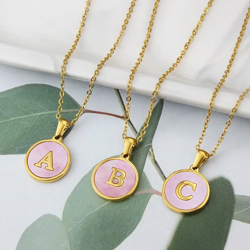 Ronde Initiaal Ketting Roestvrij Staal Roze Kunstparelmoer Schelp Letter Hanger Verguld Mode Sieraden Vrouwen
