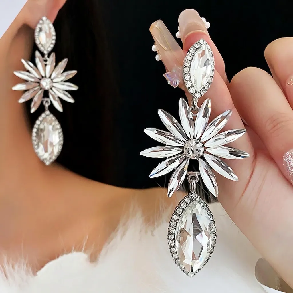 Boucles D Oreilles Pendantes Fleurs Tournesol Et Larmes Alliage Strass Cristal Avec Tige En Argent Exagéré Élégant Pour Femmes