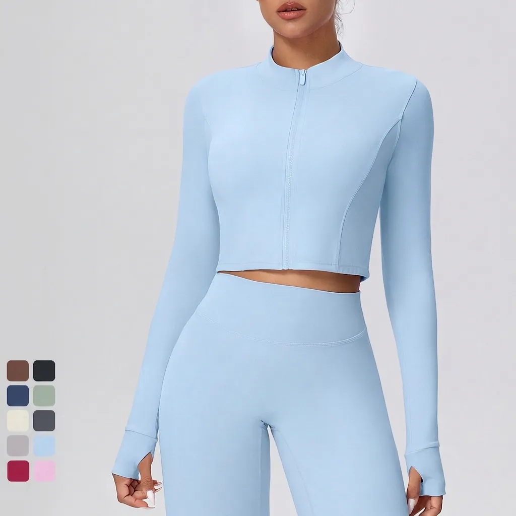 Damen Reißverschluss Sportjacke Slim Fit Langarm Yoga Top Mit Daumenlöchern Schnelltrocknend Fitness Activewear
