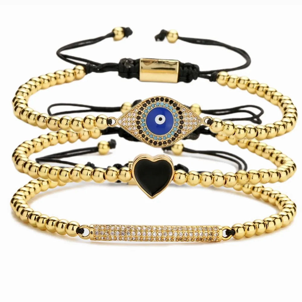 Verstellbares Herz Teufelsauge Geflochtenes Armband Mit Kupfer Goldperlen Mikro Zirkon Geometrischer Stab Charm Schmuck