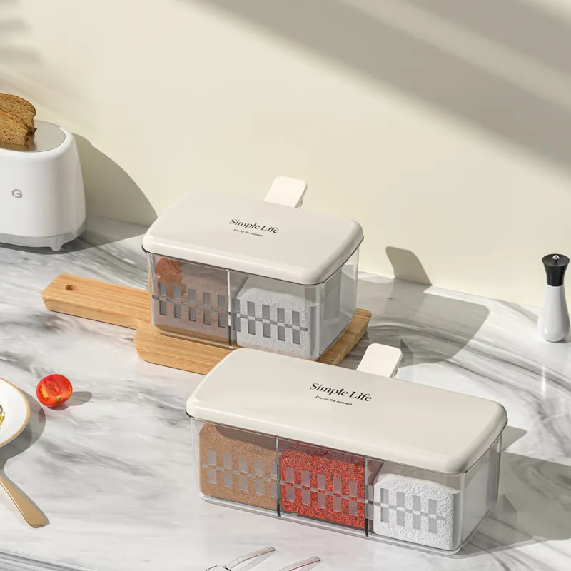 Transparent Seasoning Box Multi Compartment Spice Jar With Press Lid And Spoons Moisture Proof Kitchen Storage