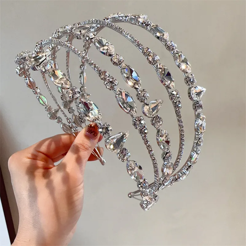 Serre-Tête De Luxe À Plusieurs Couches En Strass Pour Femmes Couleur Argent Alliage Cristal Mariage Accessoires De Cheveux