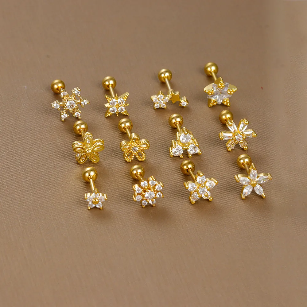 Stainless Steel Cartilage Stud Earrings Micro Inlaid Zircon Star Flower Snowflake Shape Screw Ball Back Piercing Jewelry