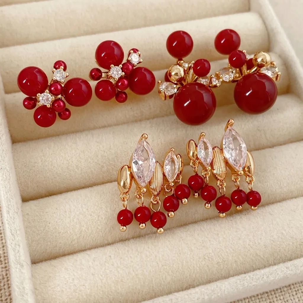 Orecchini Vintage Con Perle Rosse E Zirconi Con Perno In Argento Placcato Oro 18K Grappolo Di Fiori Gioielli Eleganti Da Donna