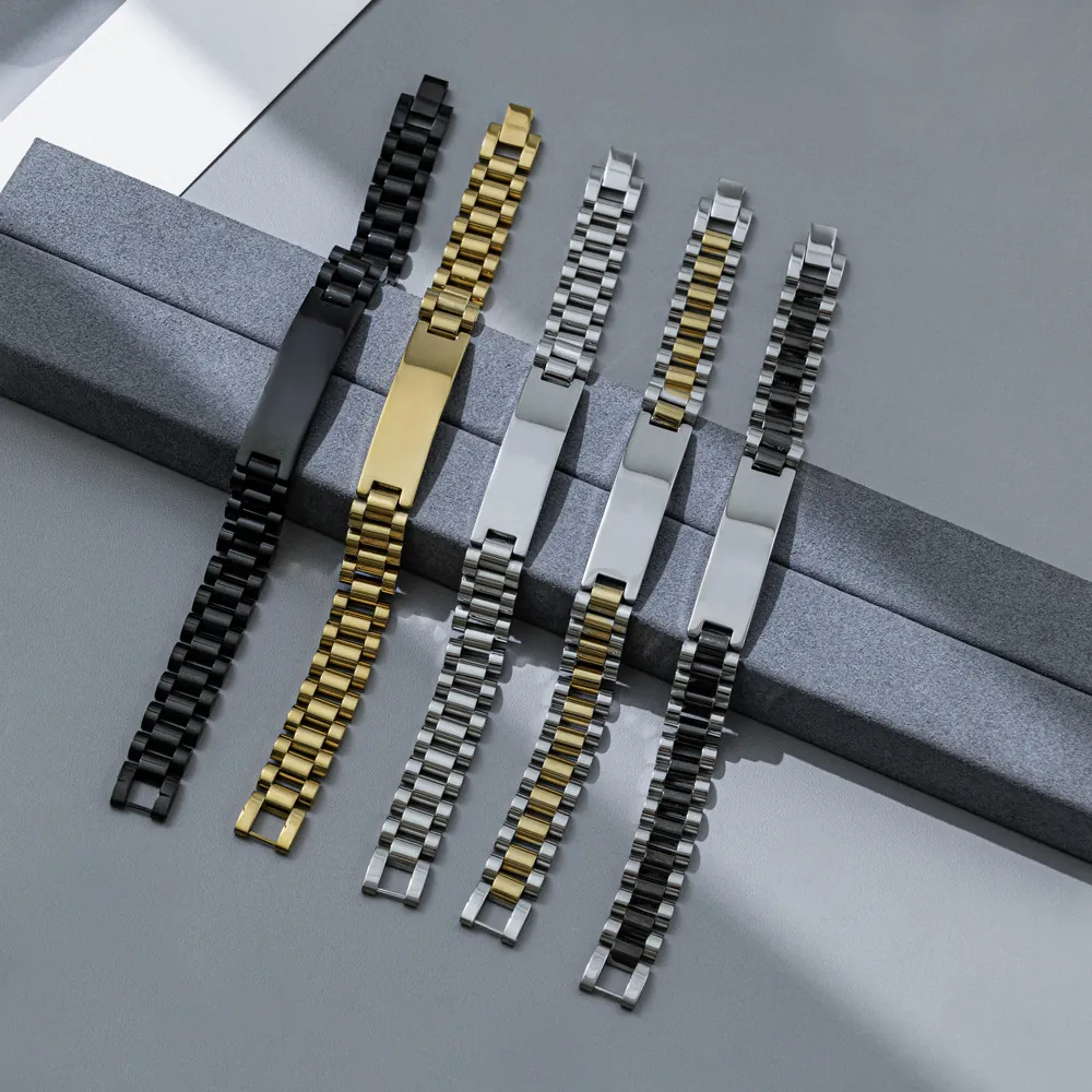 Luxury Stainless Steel Link Bracelet For Men Women Watch Band Style Engravable ID Bar Bracelet Unisex Minimalist Jewelry Gift