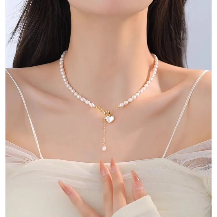 Elegant Natural Freshwater Pearl Necklace With Heart Mother Of Freshwater Pearl Pendant Gold Plated Fashion Jewelry For Women