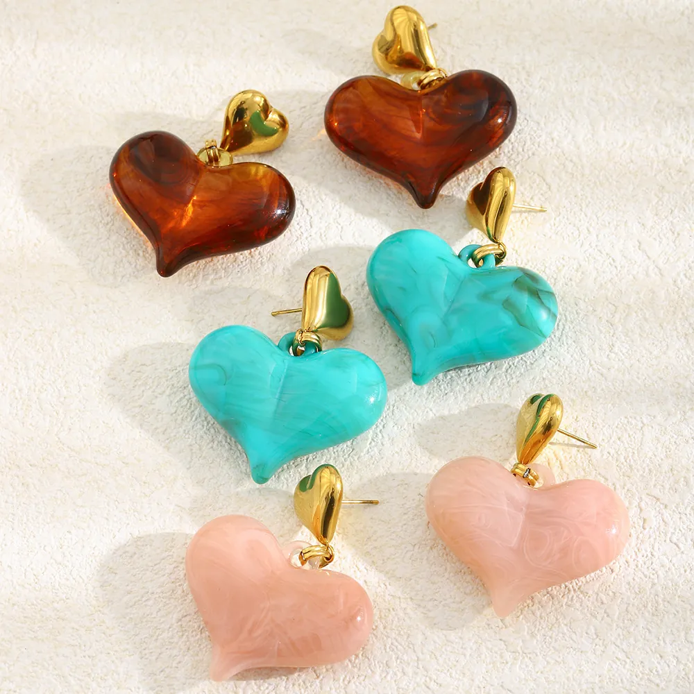 Boucles D'oreilles Pendantes Coeur Acier Inoxydable Plaqué Or 18K Avec Résine Acrylique Texture Marbre Et Tige En Acier
