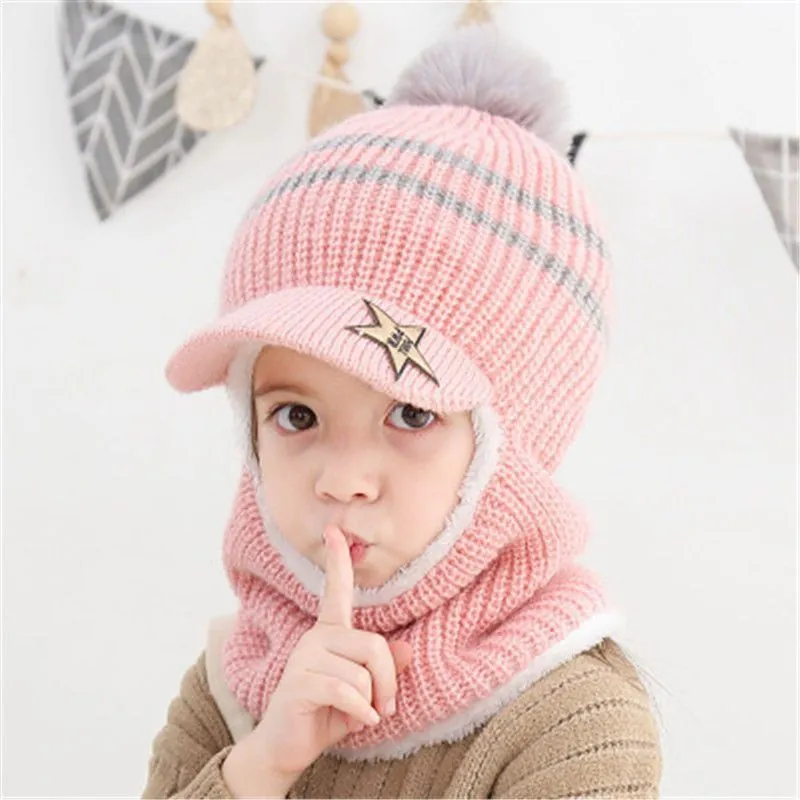 Kinder Strick Balaclava Mütze Kapuze Halswärmer Dick Plüschgefüttert Winter Ohrenschutz Beanie Bommel Stern Patch