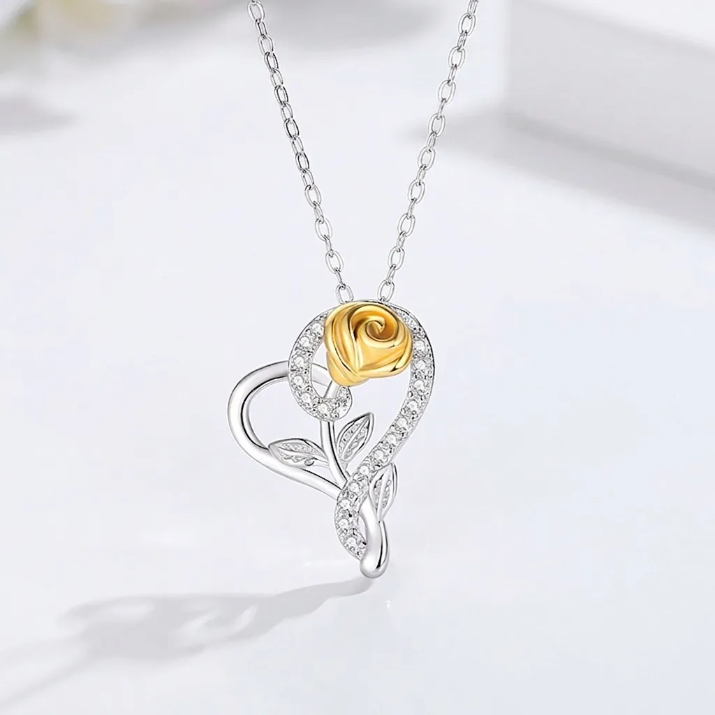 925 Sterling Silver Rose Heart Pendant Necklace With Cubic Zirconia Two Tone Gold Silver Romantic Jewelry For Women