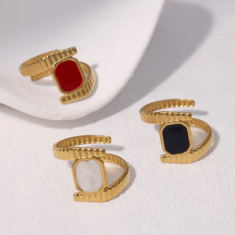 Anello Aperto Ottagonale Geometrico Acciaio Inossidabile Placcato Oro 18K Smalto Regolabile Gioielli Retro Donna
