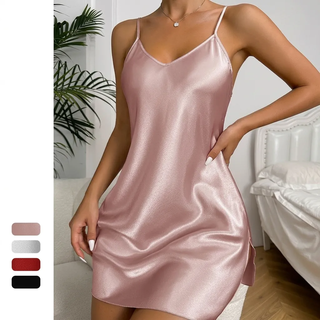 Women Sexy Satin Nightdress V Neck Satiny Chemise Spaghetti Strap Nightgown Side Slit Sleepwear Solid Color