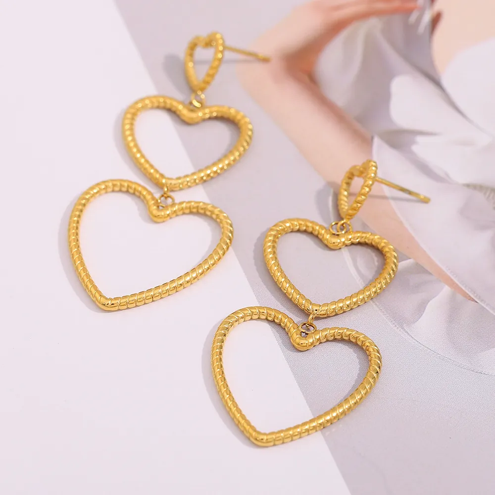 Triple Heart Drop Earrings Stainless Steel 18K Gold Plated Snake Skin Twisted Texture Graduated Layered Statement Jewelry