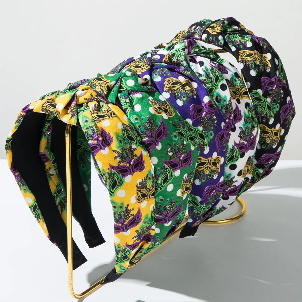 Mardi Gras Wide Knotted Headband For Women Retro Mask Polka Dot Print Fabric Hair Band Carnival Party Hair Accessories