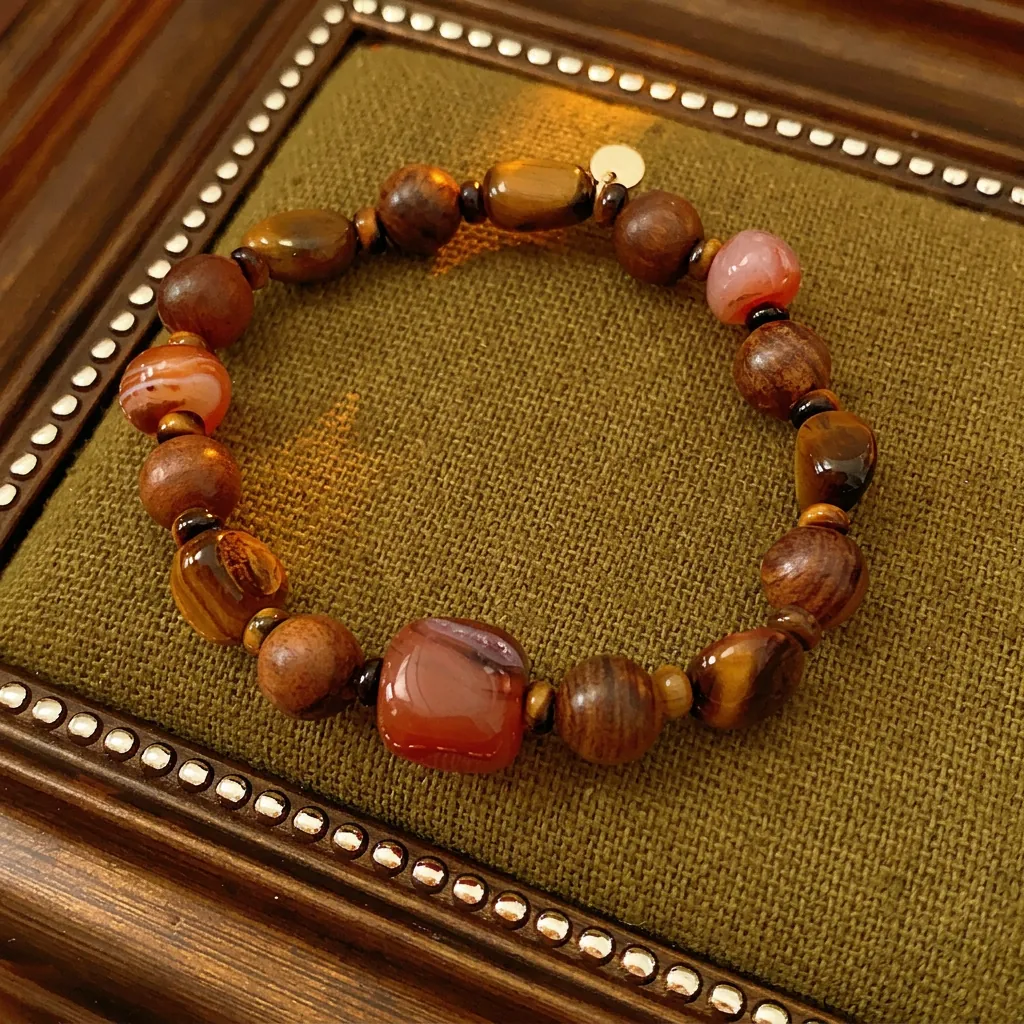 Bracelet En Perles Avec Pierre Oeil De Tigre Agate Rouge Et Bois DAgar Style Néo-Chinois Zen Bijoux Vintage Faits Main Pour Femmes