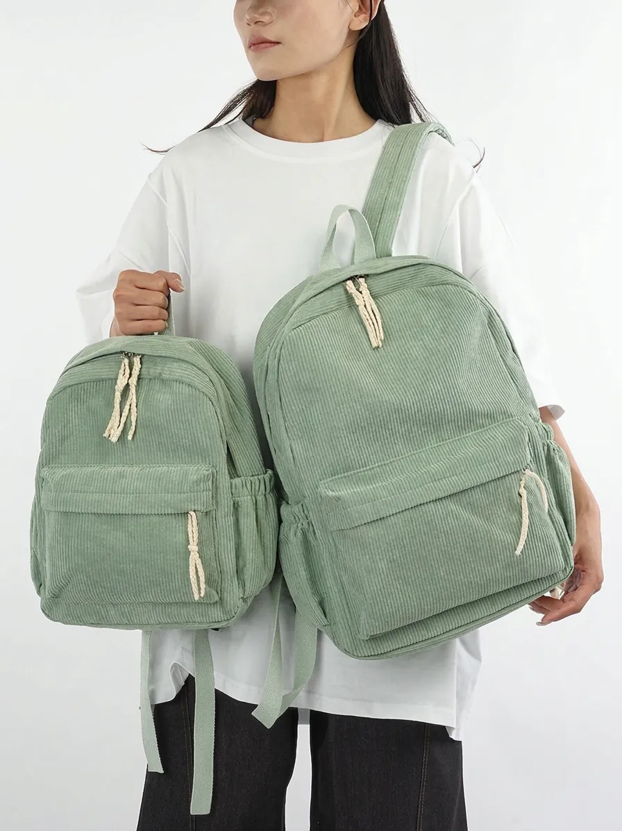 Corduroy Backpack Large Capacity Preppy Style Casual Outdoor School Bag Unisex Retro Solid Color Textural Bookbag