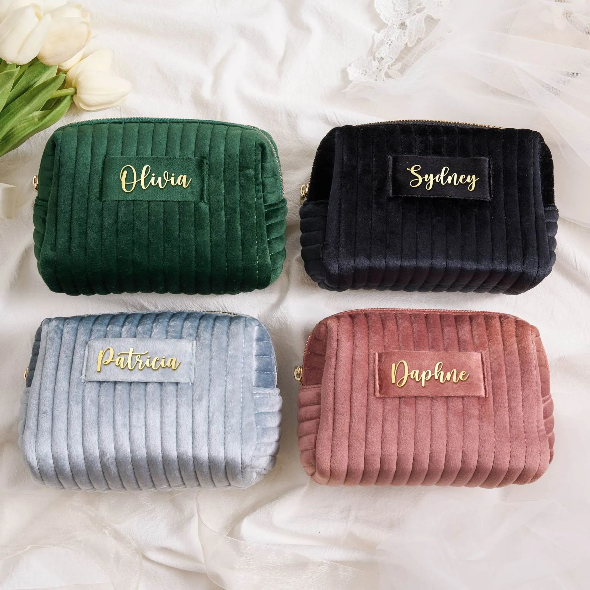 Velvet Makeup Bag Quilted Vertical Stripe Large Capacity Toiletry Organizer Portable Zipper Cosmetic Storage For Travel