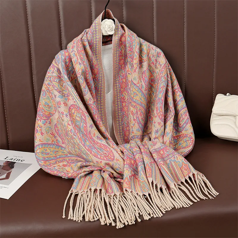 Damen Vintage Paisley Schal Dick Warm Polyester Schultertuch Mit Quasten Ethno-Stil Bedruckter Winter Großer Schal Für Damen