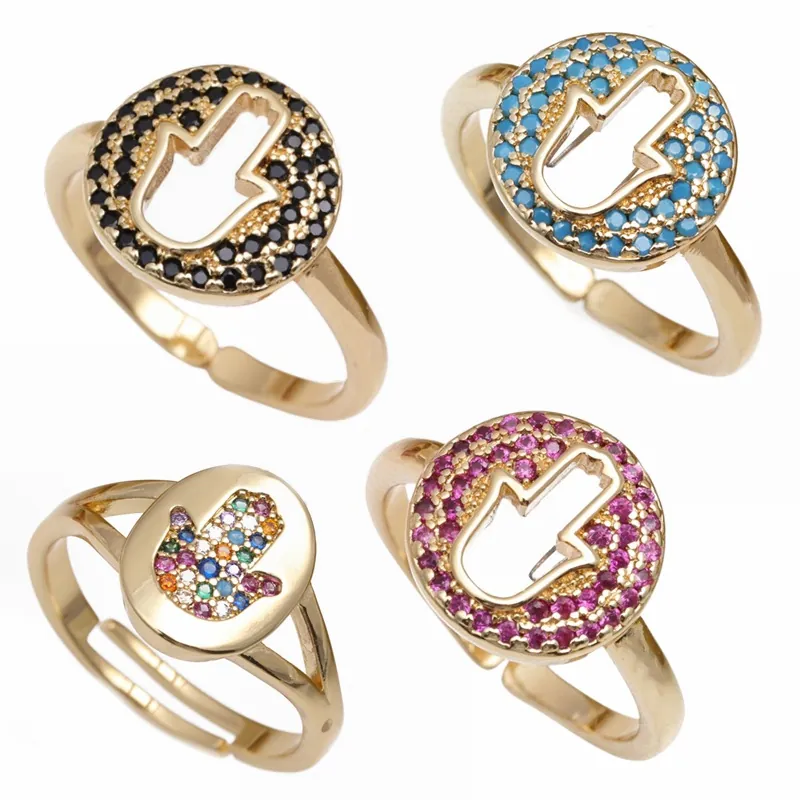 Hamsa Hand Kupfer Verstellbarer Ring Mikropavé Zirkon Fatima Hand Hohle Ethnische Boho Schmuck Für Damen