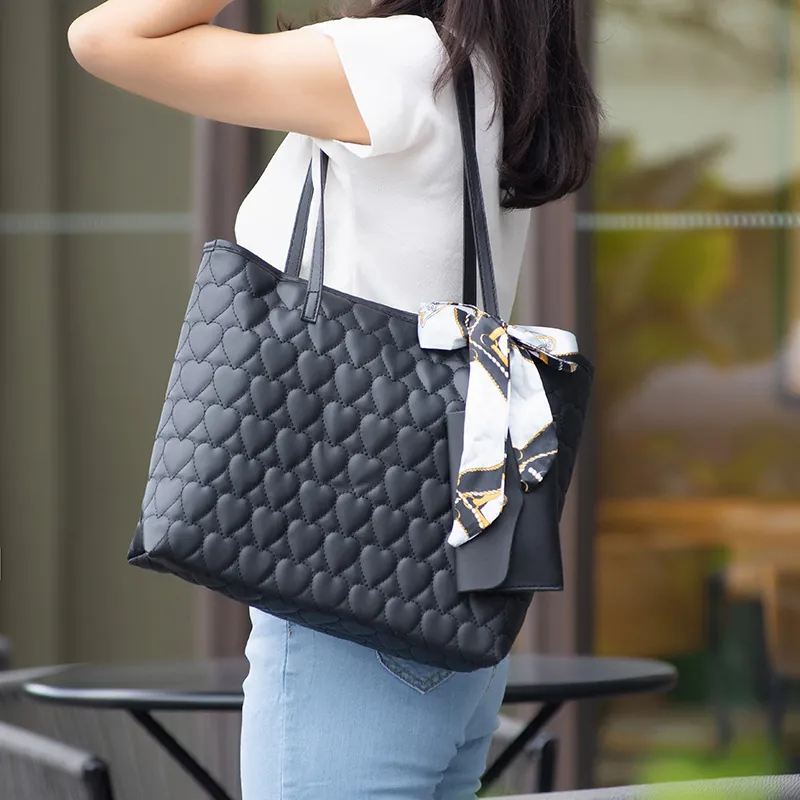 Heart Quilted Tote Bag Women PU Leather Large Capacity Handbag With Printed Satin Scarf And Matching Pouch Daily Fashion