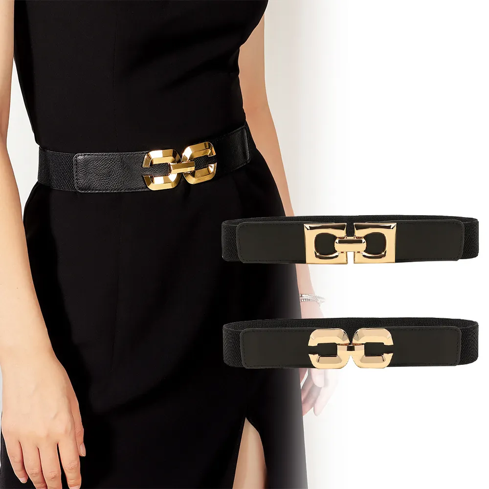 Women Elastic Corset Belt PU Leather Stretchy Waistband Interlocking Metal Buckle Vintage Style For Dresses