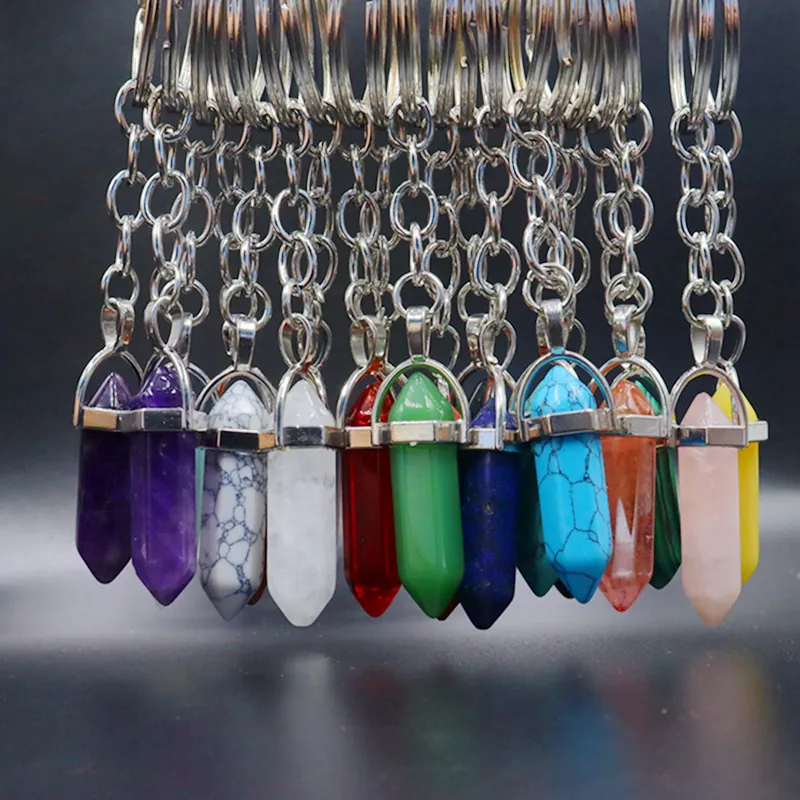 Hexagonal Prism Natural Stone Keychain Crystal Point Bullet Pendant Healing Gemstone Key Ring For Couples Friends Gift