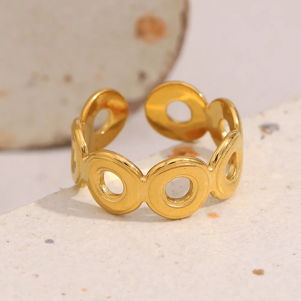 Bague Ouverte Ajustable À Maillons Circulaires Géométriques Creux Minimaliste En Acier Inoxydable Plaqué Or 18K Pour Femmes