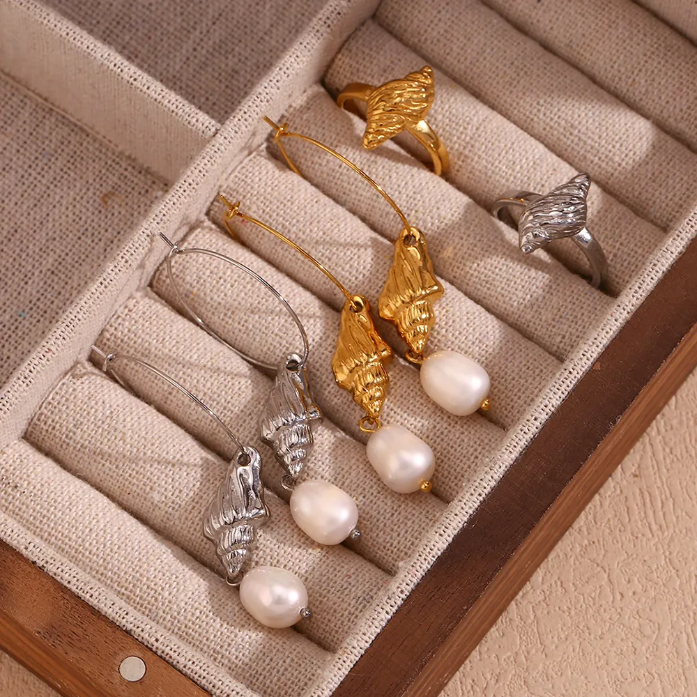 Conch Shell Earrings Ring Stainless Steel Gold Plated Artificial Pearl Ocean Style Beach Holiday Niche Fashion Women