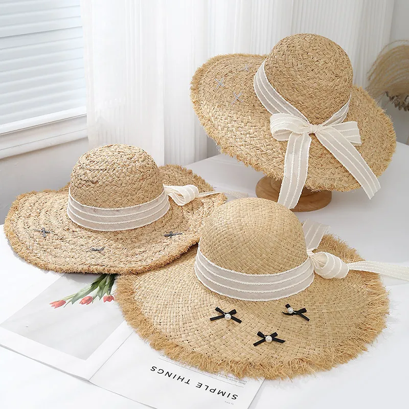 Women Raffia Straw Sun Hat Wide Brim Frayed Edge Ribbon Bow Faux Artificial Pearl Summer Beach Vacation Breathable Elegant