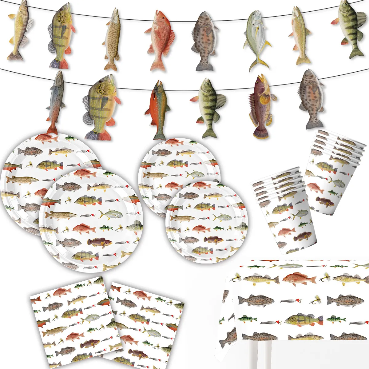 Fishing Theme Party Tableware Set Disposable Paper Plates Napkins Cups Tablecloth Banner Cutlery Fish Illustration Party
