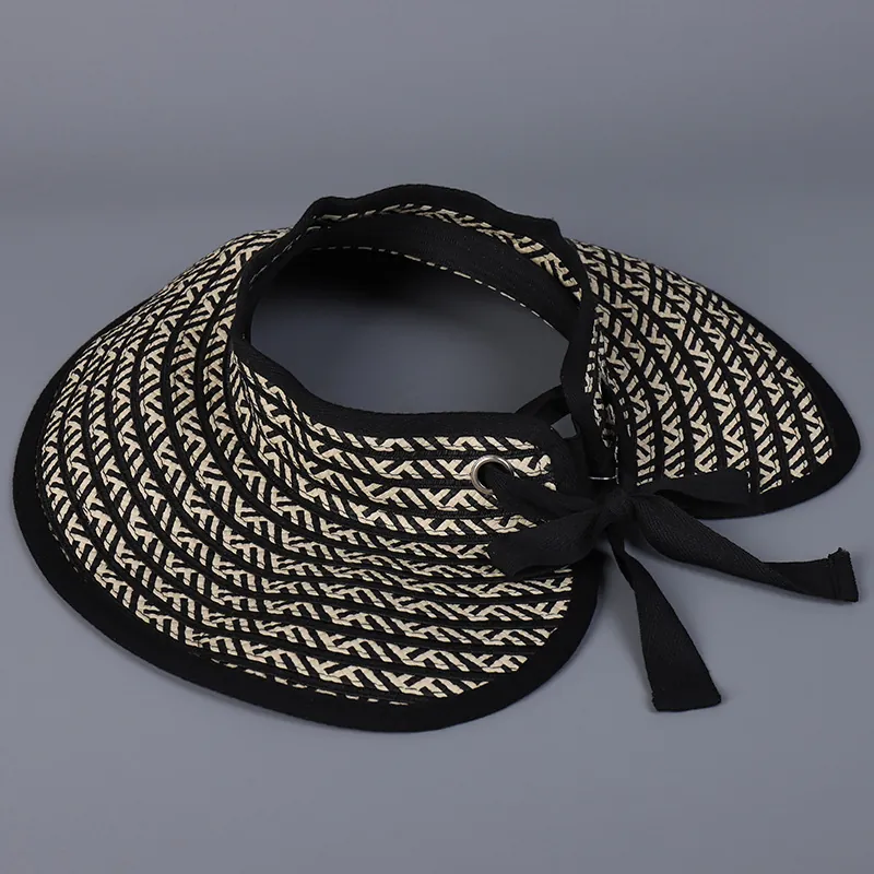Women Summer Paper Straw Sun Visor Hat Wide Brim Foldable Empty Top Beach Cap With Bow Knot Elegant Breathable