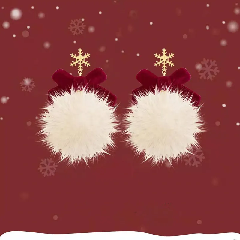 Boucles D'oreilles Noël Noeud Velours Rouge Flocon Doré Boule Fourrure Blanche Bijoux Hiver Tige En Argent