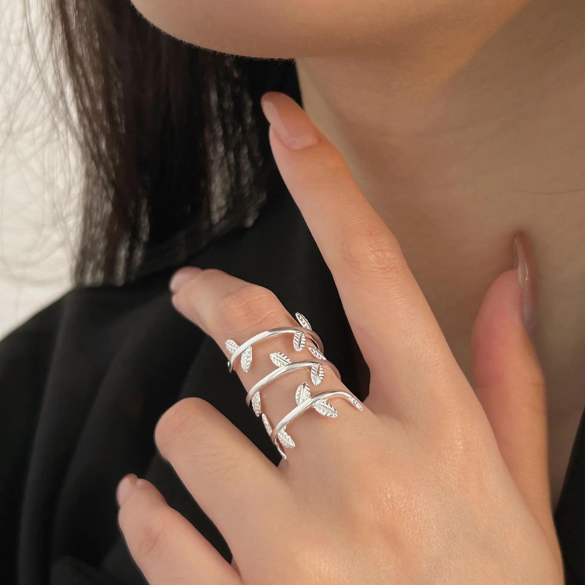 925 Sterling Silver Leaf Branch Ring Triple Layer Spiral Wrap Adjustable Open Band Nature Inspired Jewelry For Women