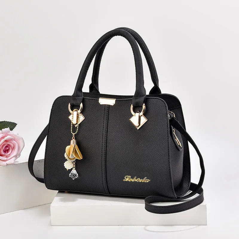 Sac À Main Pour Femme Cuir PU Avec Motif Lychee Poignée Et Bandoulière Avec Pendentif Künstliche Perle Florale Élégant Grande Capacité
