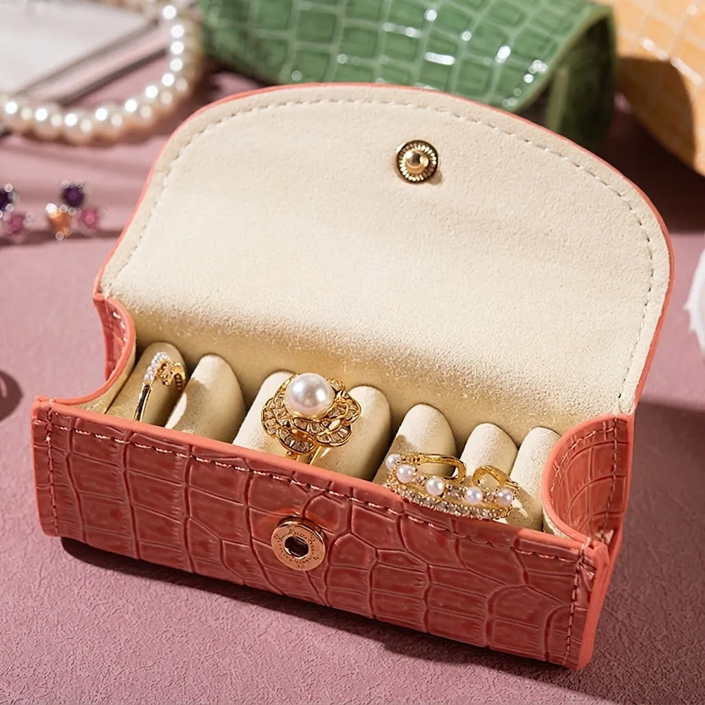 Scatola Portagioie Portatile Pelle PU Motivo Coccodrillo Mini Organizzatore Anelli Orecchini Custodia Viaggio Bottone