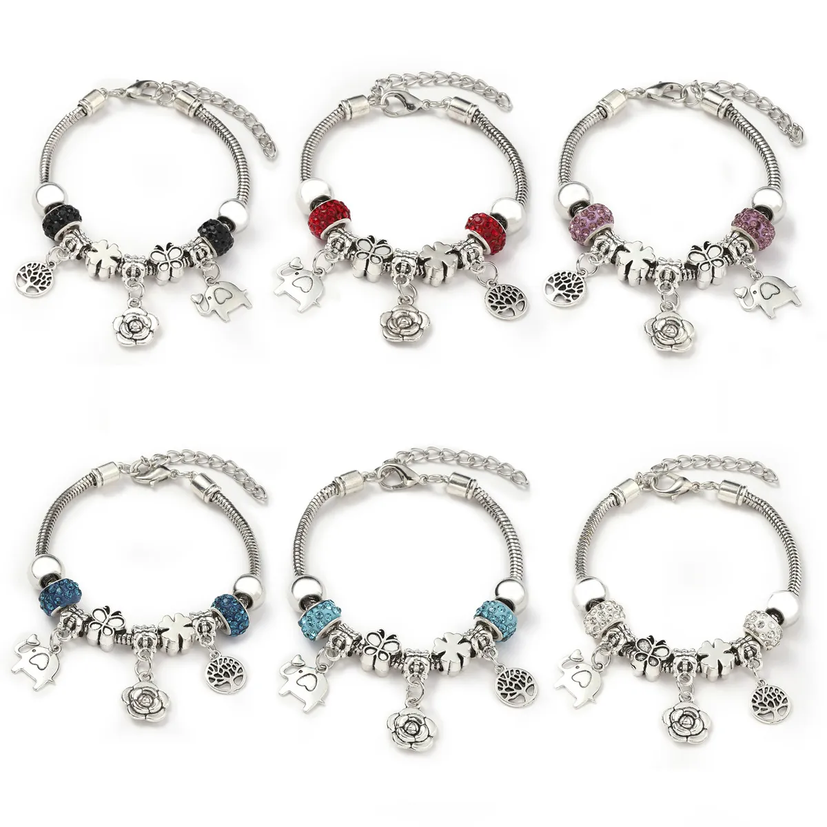 Zinc Alloy Butterfly Flower Charm Bracelet For Women Rhinestone Tree Of Life Elephant Pendant DIY Beaded Fashion Jewelry Gift