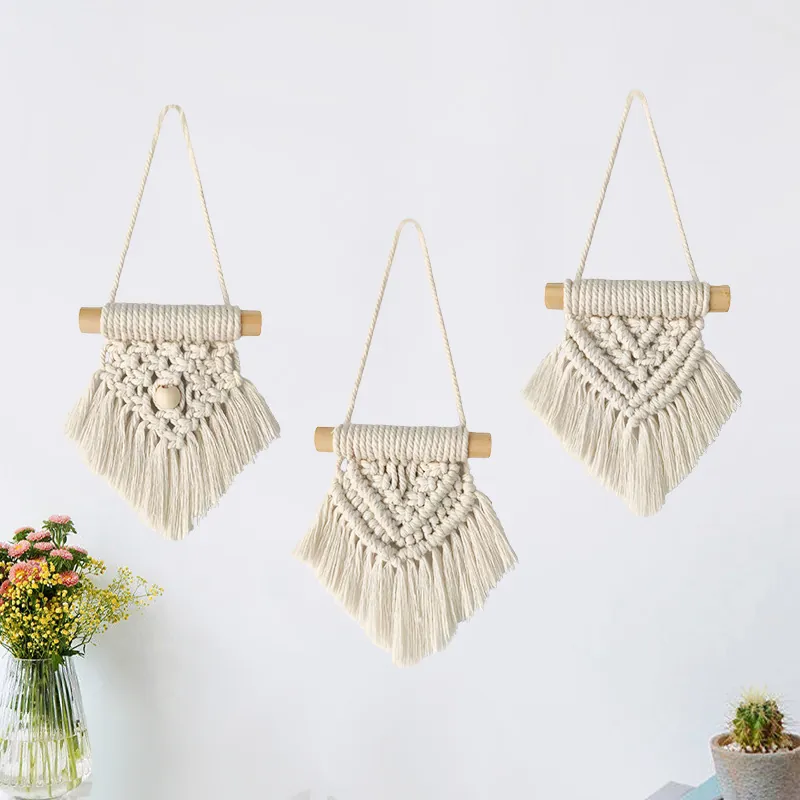 Boho Handwoven Macrame Wall Hanging Cotton Rope Tapestry With Wooden Rod For Home Bedroom Nursery Decorative Ornament