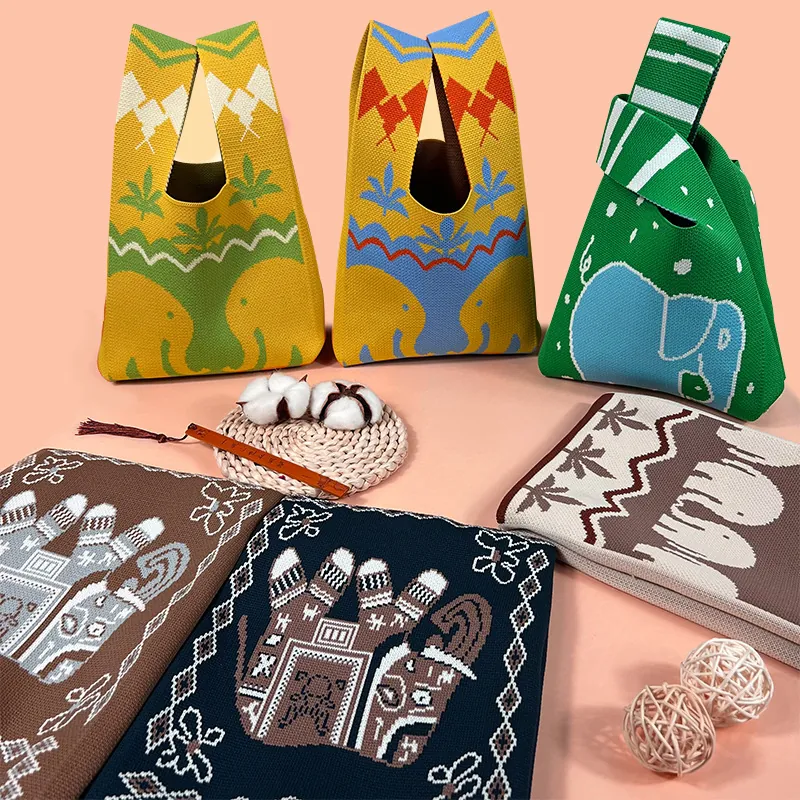 Elephant Pattern Knitted Handtasche Ethnischen Stil Bohemian Gewebte Tote Bag Integriertem Griff Für Damen
