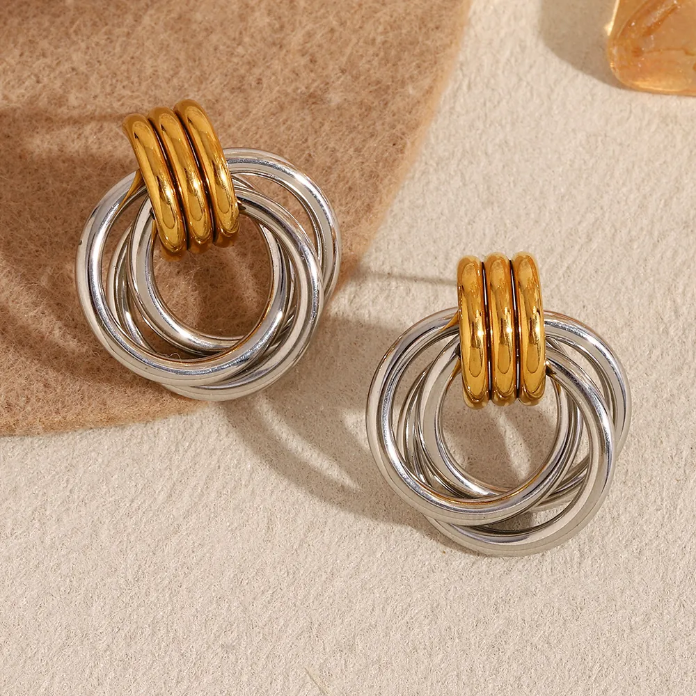 Boucles D'oreilles Puces Anneaux Entrelacés Acier Inoxydable Plaqué Or 18K Bicolore Géométrique Minimaliste Pour Femmes
