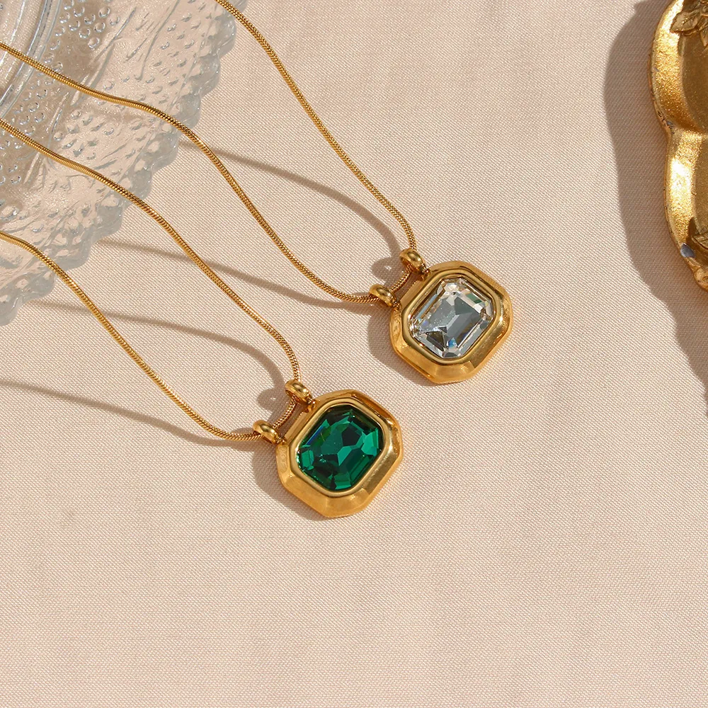 Pendant Necklace Vintage Square Zircon 18K Gold Plated Stainless Steel Snake Chain Elegant Jewelry For Women