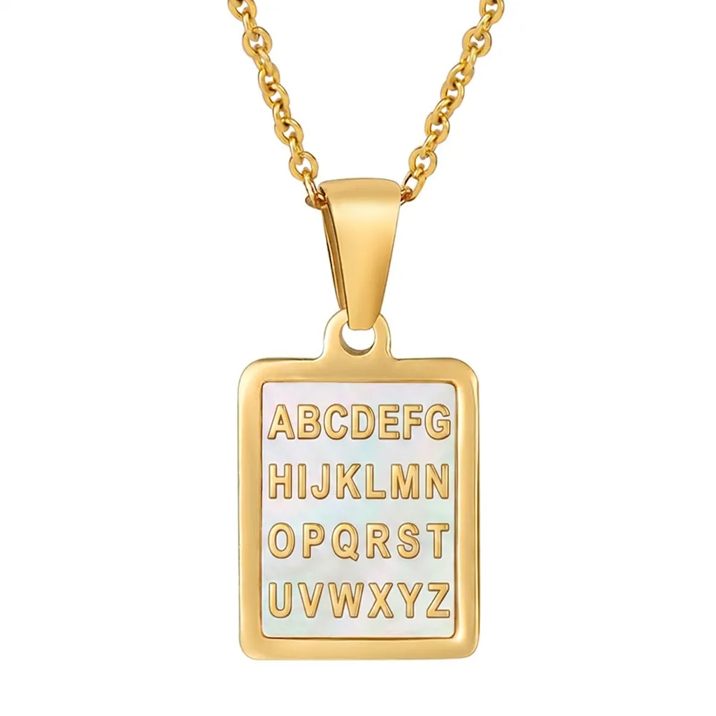 Collier Initiale Acier Inoxydable Plaqué Or 18K Nacre Pendentif Rectangulaire Bijoux De Mode Pour Femmes