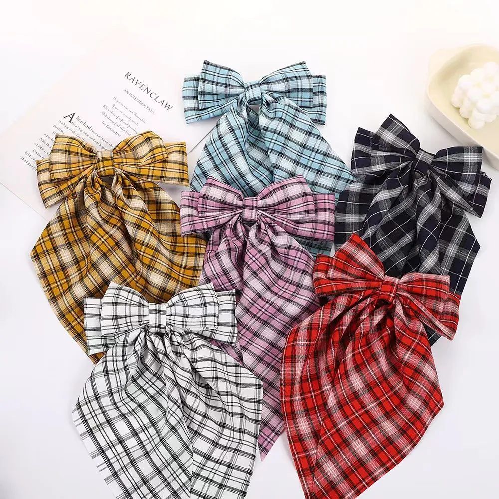 Plaid Bow Hair Clip With Long Streamers Fabric Spring Clip Preppy Style Hair Accessory For Women Ponytail Holder