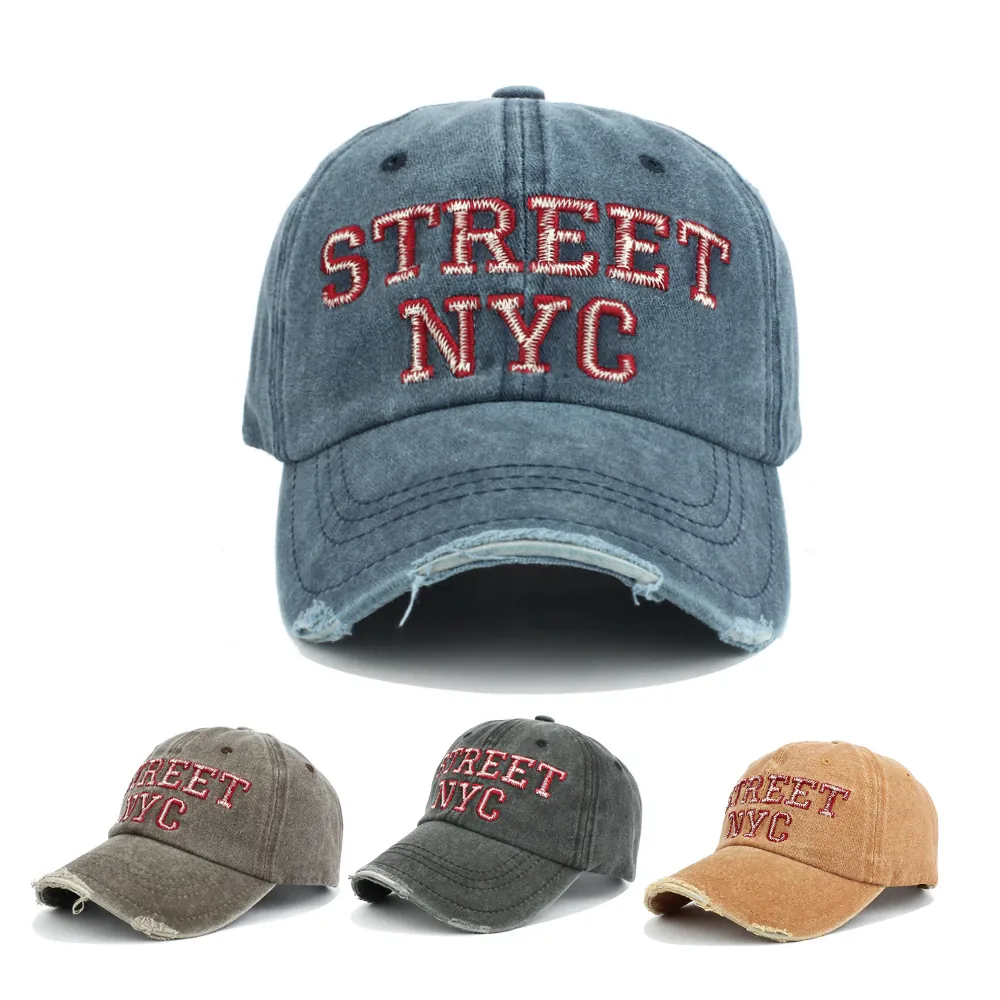 Washed Cotton Baseball Cap Distressed Retro Streetwear NYC Embroidery Adjustable Sun Hat For Men Women