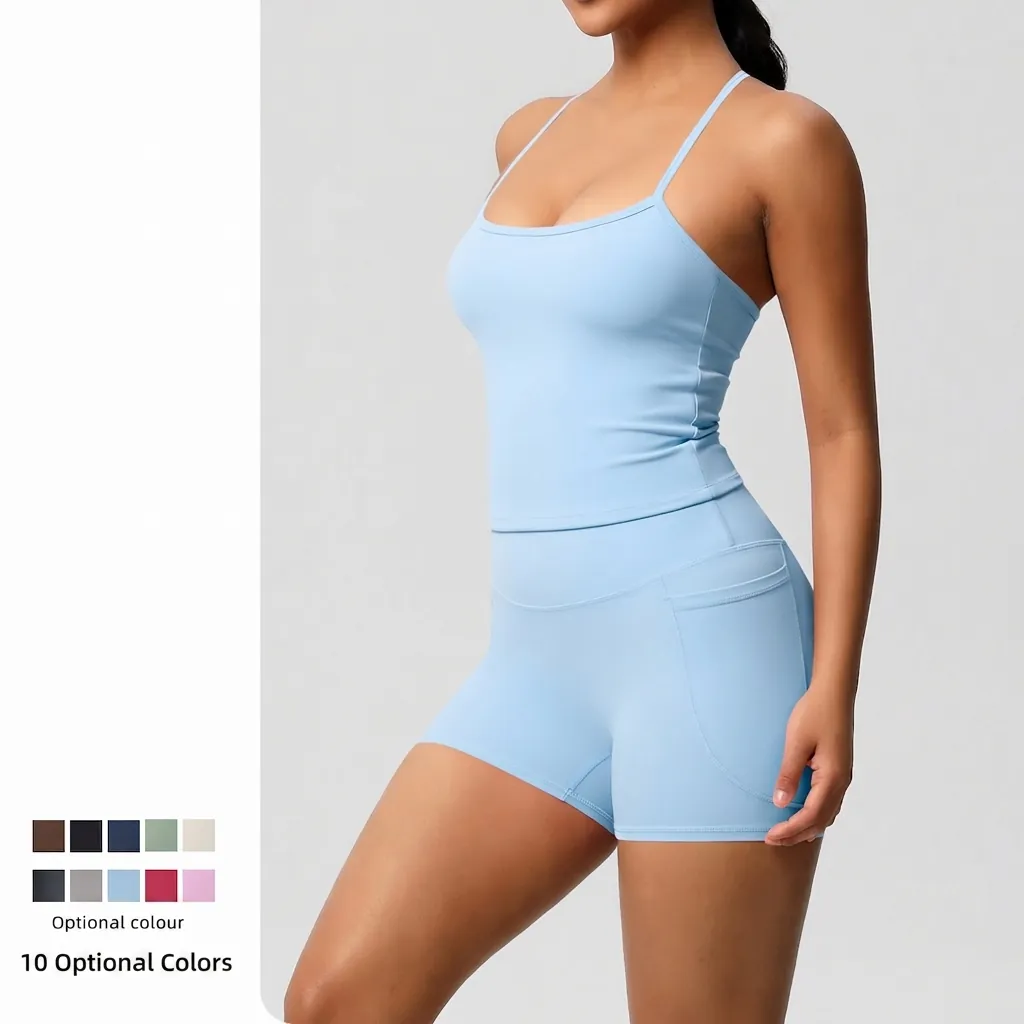 Women's Nylon Blend Quick Dry Yoga Top And Bottom Crisscross Back Vest High Waist Workout Shorts With Side Pockets