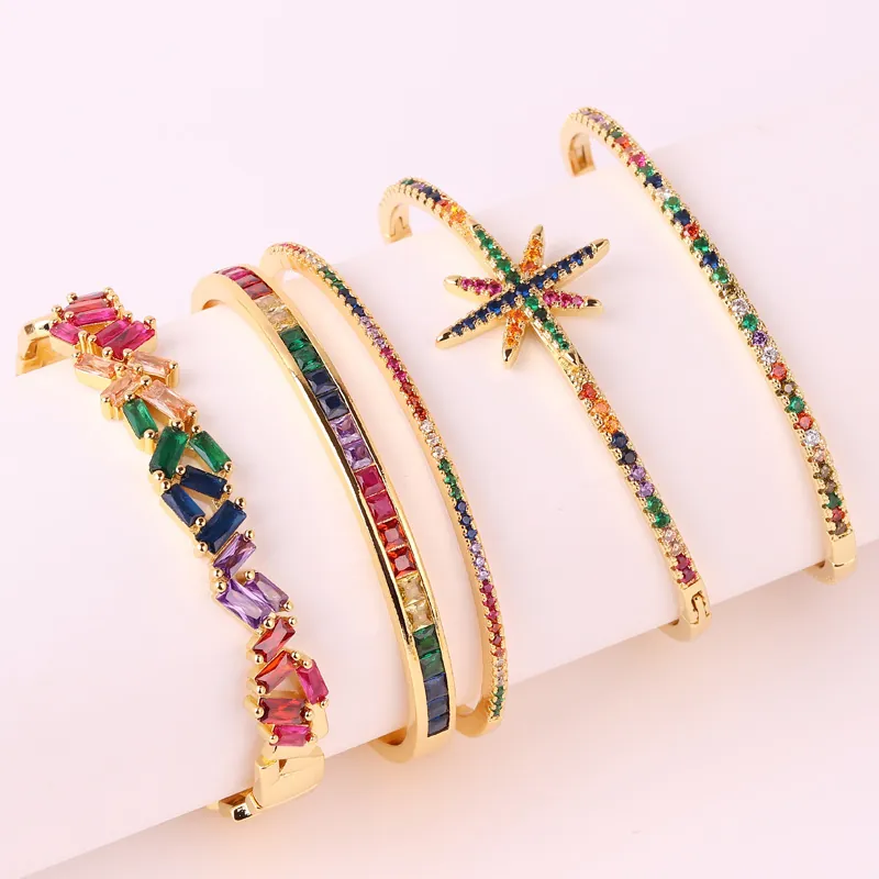 Rainbow Zircon Bangle Copper Gold Plated Multi Color Rectangular Rhinestones Star Pattern Luxury Jewelry Women