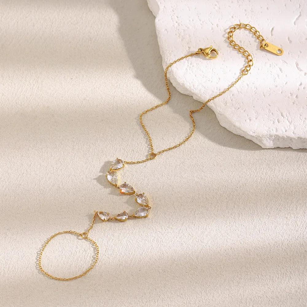 Bracelet De Doigt Chaîne De Main En Acier Inoxydable Plaqué Or 18K Avec Zircon Goutte Bijou Chic Pour Femmes