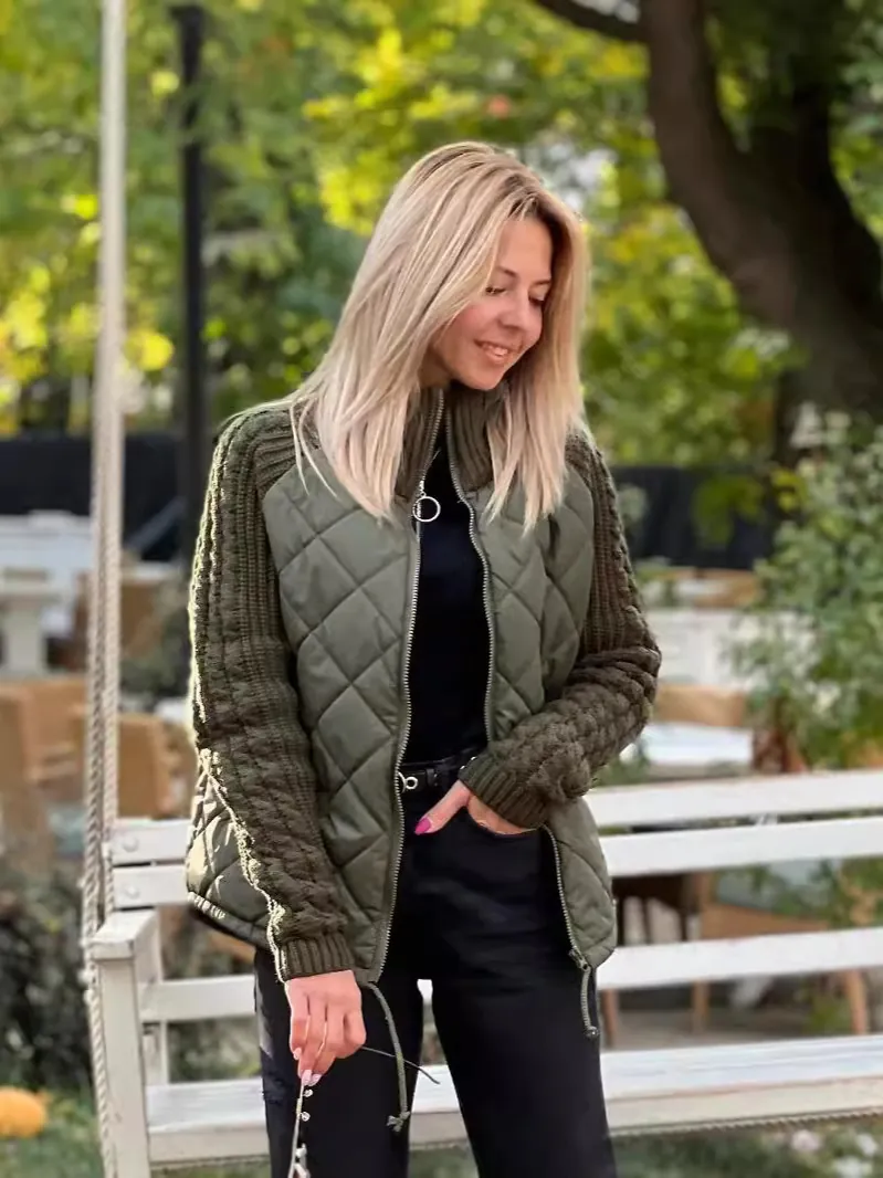 Women Quilted Knit Splicing Jacket Stand Collar Zipper Long Sleeve Patchwork Padded Coat Casual Warm Outerwear